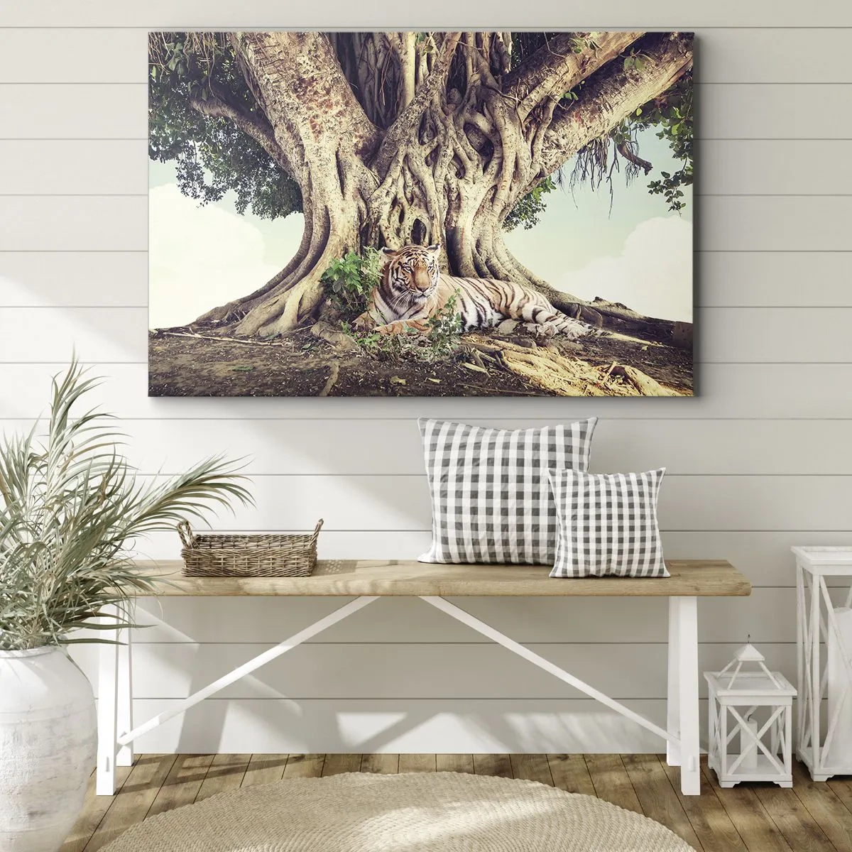 Quadro su tela - Stampe su Tela - Una tigre che riposa sotto un albero che si estende - 100x70cm - Vista dal Libro della Genesi - Decorazione murale moderna per soggiorno e camera da letto ARTTOR