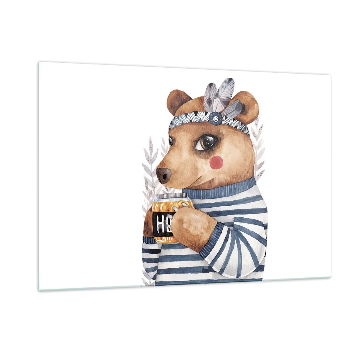 Quadro su vetro - Un orsacchiotto a strisce con una tazza di miele e piume - 120x80cm - Dolce orsetto - Decorazione murale moderna per soggiorno e camera da letto ARTTOR