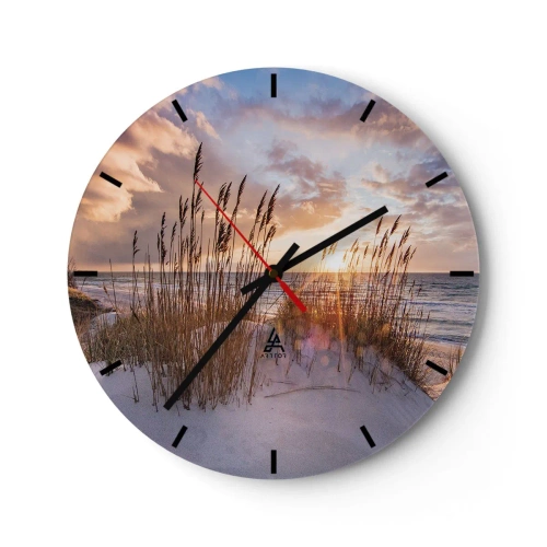 Orologio da parete - Orologio in Vetro - Tramonto sul mare con sabbia ed erba sulle dune - 30x30cm - L'addio al sole e al vento - Decorazione murale moderna per soggiorno, cucina e camera da letto ARTTOR