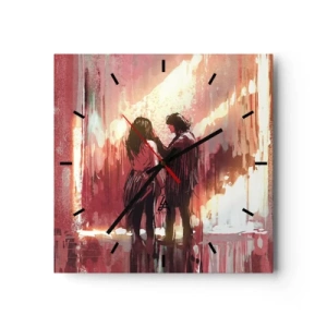 Orologio da parete - Orologio in Vetro - Una coppia in piedi, illuminata da una luce calda, su uno sfondo di motivi astratti. - 30x30cm - L'eterno spettacolo dell'amore - Decorazione murale moderna per soggiorno e camera da letto ARTTOR