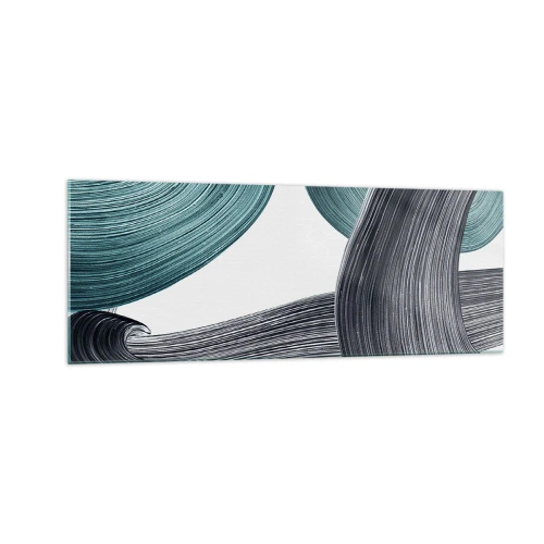 Quadro su vetro - Linee astratte fluide nelle tonalità del verde e del grigio - 140x50cm - Tracce smeraldo e nero - Decorazione murale moderna per soggiorno e camera da letto ARTTOR