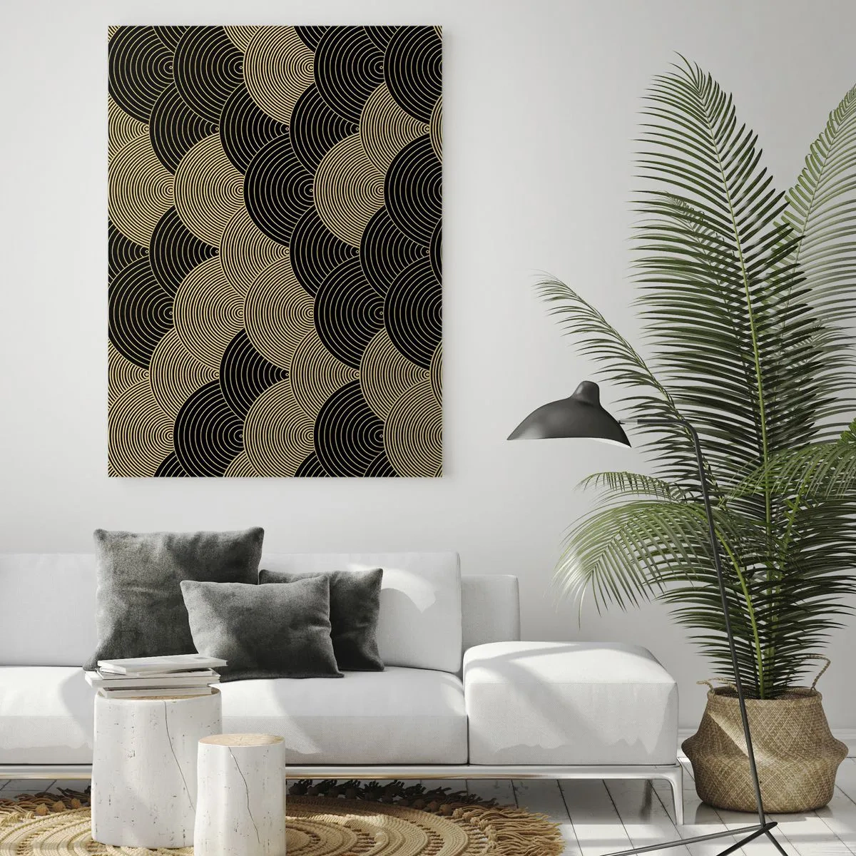 Quadro su vetro - Semicerchi dorati in un motivo giapponese regolare - 50x70cm - Unità nella molteplicità - Decorazione murale moderna per soggiorno e camera da letto ARTTOR