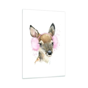 Quadro su vetro - Cervo acquerello con paraorecchie rosa - 80x120cm - E il gelo non mette più paura - Decorazione murale moderna per soggiorno e camera da letto ARTTOR