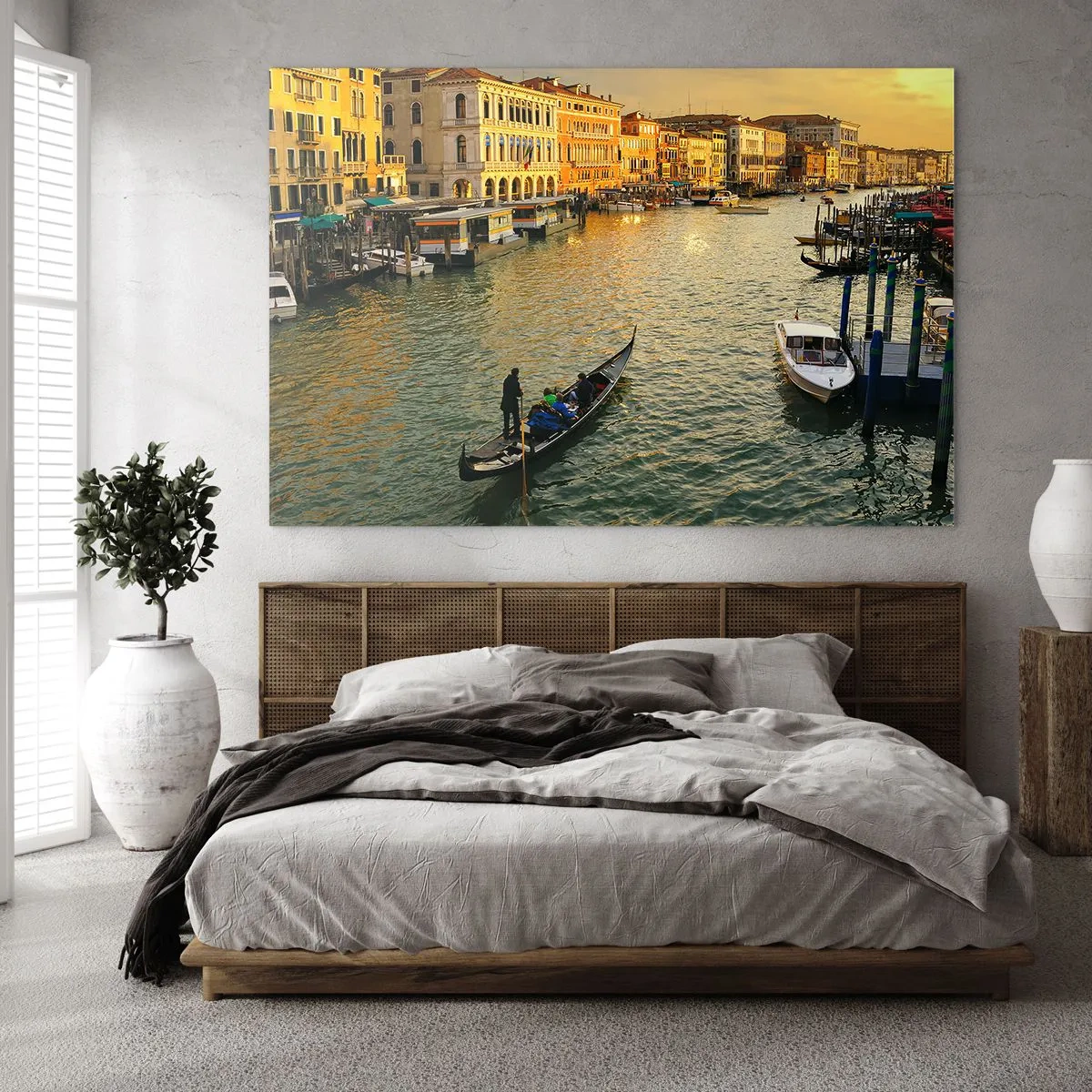 Quadro su vetro - Tramonto su un canale di Venezia con le gondole - 70x50cm - Sul lato assolato della strada - Decorazione murale moderna per soggiorno e camera da letto ARTTOR