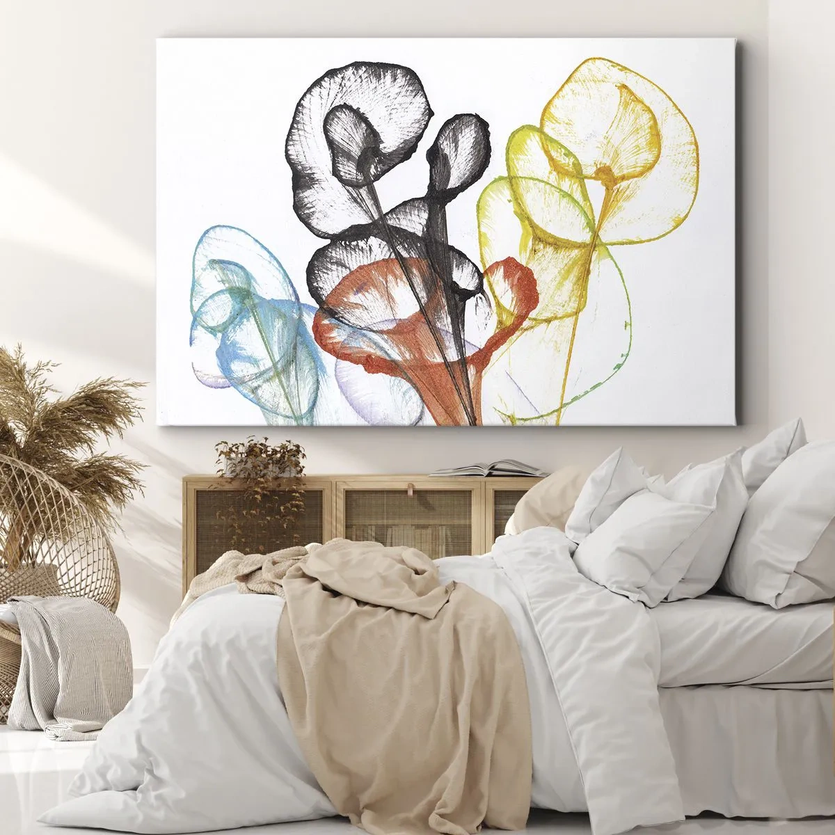 Quadro su tela - Stampe su Tela - Fiori trasparenti colorati su sfondo bianco - 100x70cm - Fiori con l'anima - Decorazione murale moderna per soggiorno e camera da letto ARTTOR