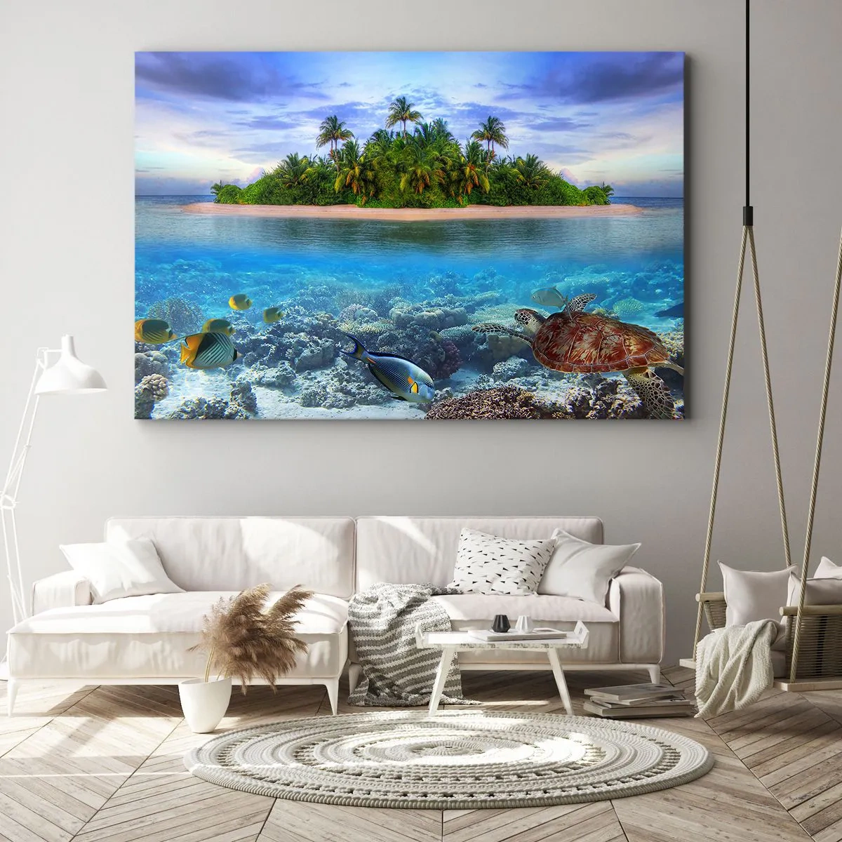 Quadro su tela - Stampe su Tela - Un'isola tropicale circondata da un oceano turchese con una barriera corallina e pesci. - 120x80cm - L'isola del paradiso dà il benvenuto - Decorazione murale moderna per soggiorno e camera da letto ARTTOR