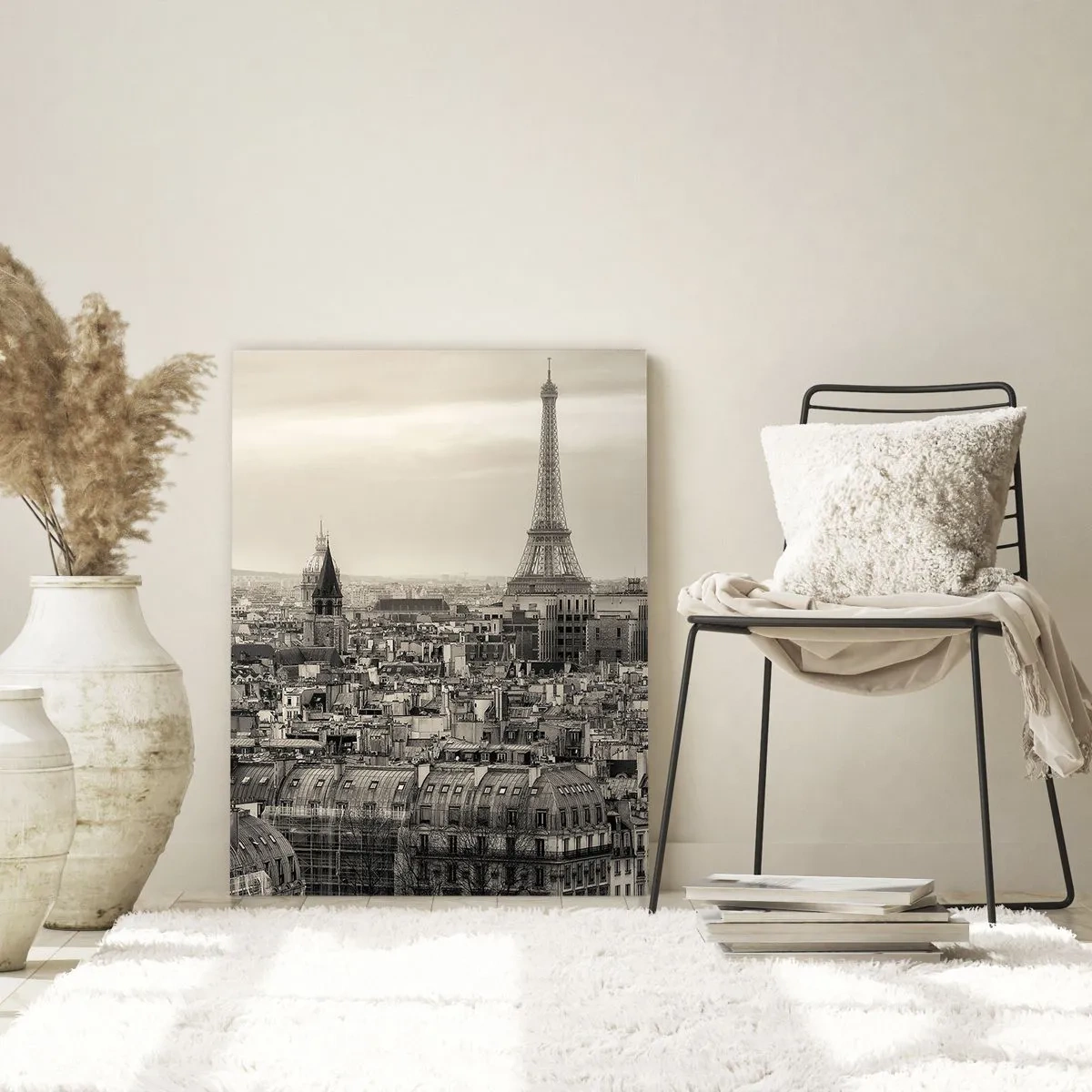 Quadro su vetro - Panorama di Parigi con la Torre Eiffel in tonalità seppia - 70x100cm - Sui tetti di Parigi - Decorazione murale moderna per soggiorno e camera da letto ARTTOR