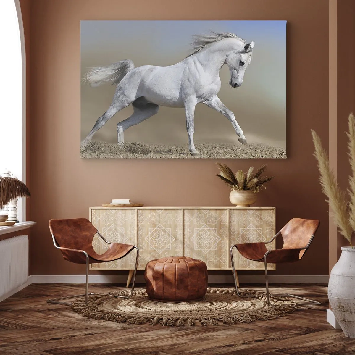 Quadro su tela - Stampe su Tela - Un cavallo bianco che galoppa attraverso un paesaggio desertico - 100x70cm - La più bella favola araba - Decorazione murale moderna per soggiorno e camera da letto ARTTOR