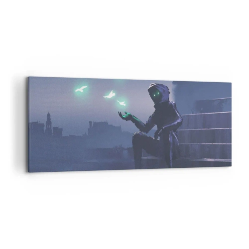 Quadro su tela - Stampe su Tela - Una figura incappucciata con uccelli magici sullo sfondo di una città - 120x50cm - La vita ritorna - Decorazione murale moderna per soggiorno e camera da letto ARTTOR