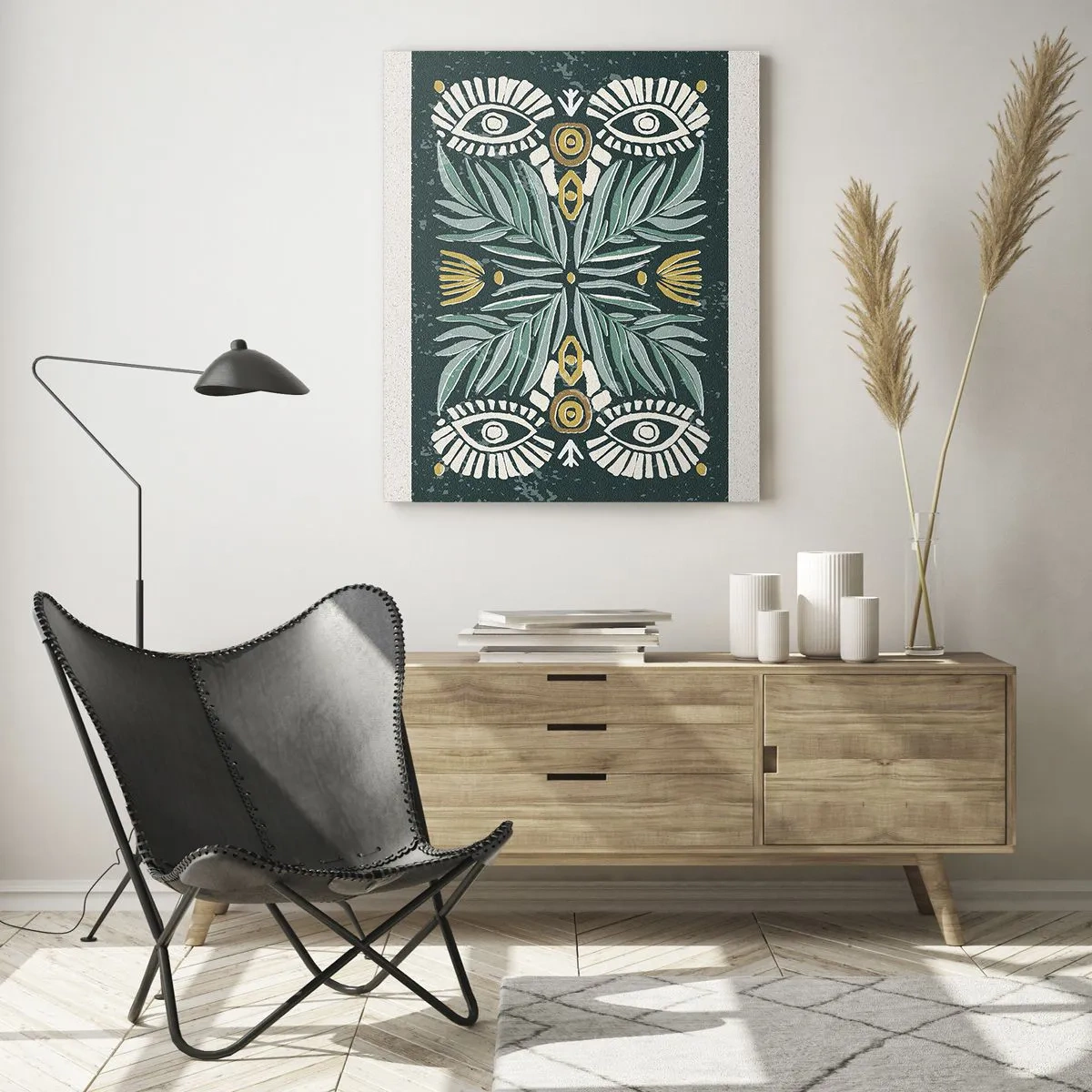 Quadro su vetro - Una composizione simmetrica di foglie e motivi in stile folk - 50x70cm - Geometrie di arte popolare - Decorazione murale moderna per soggiorno e camera da letto ARTTOR