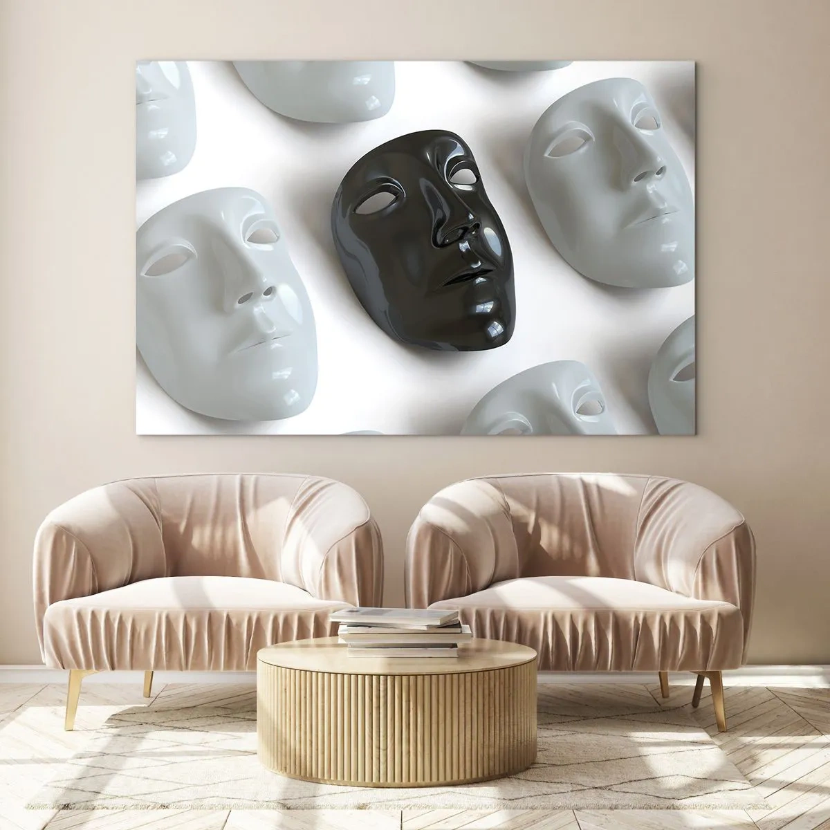 Quadro su vetro - Una maschera in bianco e nero su uno sfondo di maschere bianche su uno sfondo chiaro - 120x80cm - Come distinguersi? - Decorazione murale moderna per soggiorno e camera da letto ARTTOR