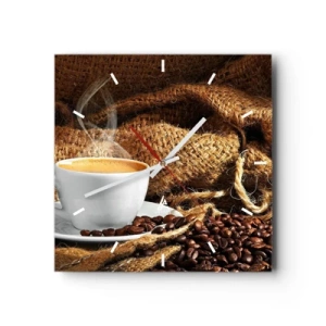 Orologio da parete - Orologio in Vetro - Una tazza di caffè circondata da un sacchetto di chicchi di caffè - 30x30cm - L'odore di caffè con la schiuma del colore del miele - Decorazione murale moderna per soggiorno e camera da letto ARTTOR