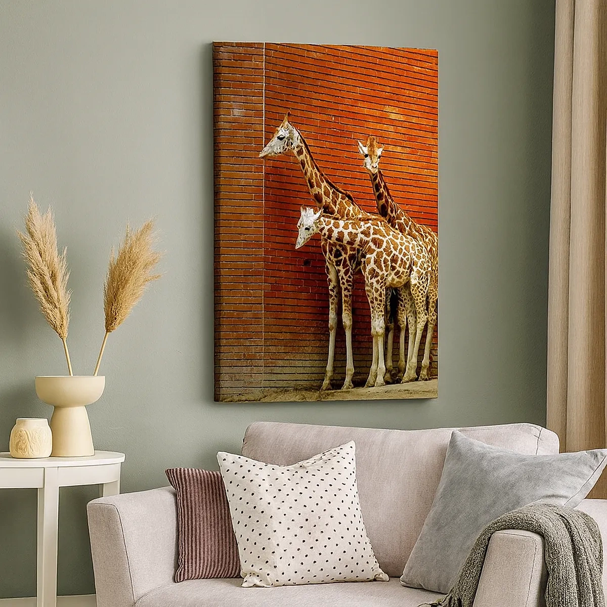 Quadro su tela - Stampe su Tela - Quattro giraffe contro un muro di mattoni in un ambiente artistico - 50x70cm - Vedete qualche acacia? - Decorazione murale moderna per soggiorno e camera da letto ARTTOR