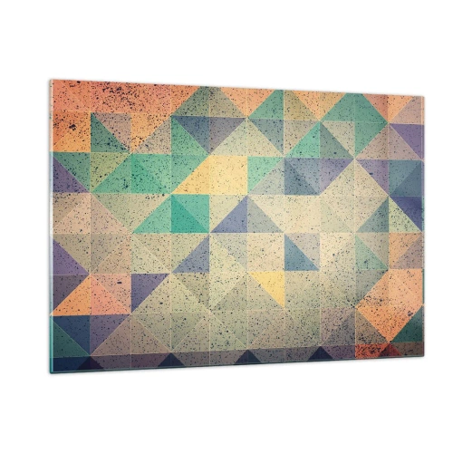 Quadro su vetro - Mosaico colorato con triangoli geometrici in stile retrò - 120x80cm - La repubblica dei triangoli - Decorazione murale moderna per soggiorno e camera da letto ARTTOR