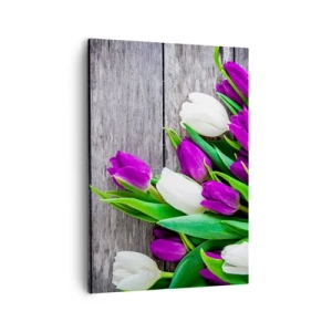 Quadro su tela - Stampe su Tela - Un bouquet di tulipani viola e bianchi su uno sfondo di legno - 50x70cm - Nella festa della primavera - Decorazione murale moderna per soggiorno e camera da letto ARTTOR