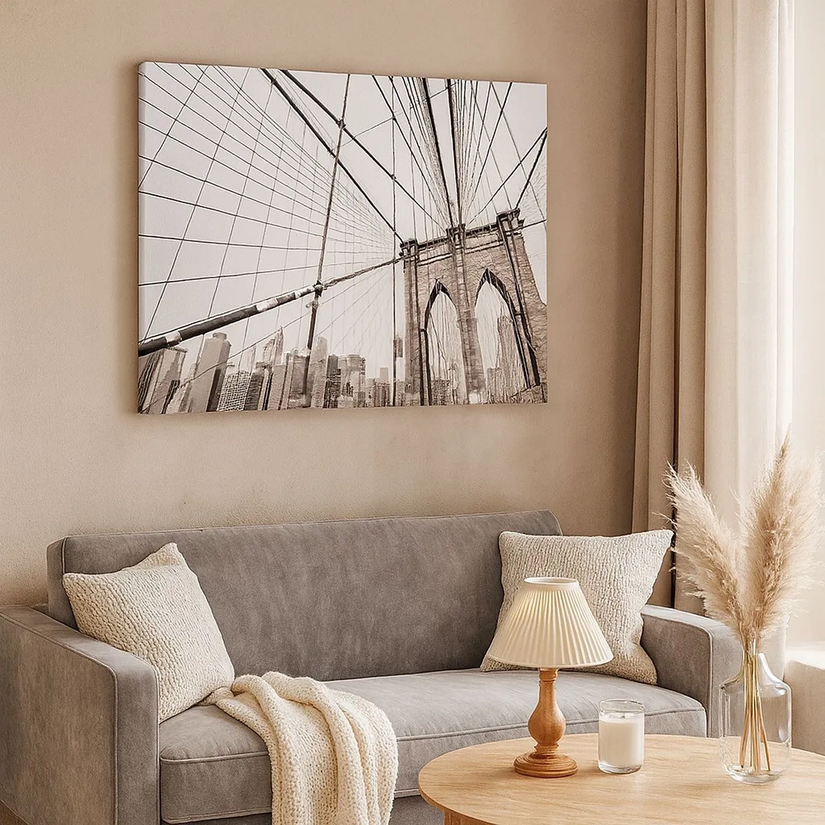Quadro su tela - Stampe su Tela - Il ponte di Brooklyn in monocromia - 70x50cm - La cattedrale di New York - Decorazione murale moderna per soggiorno e camera da letto ARTTOR