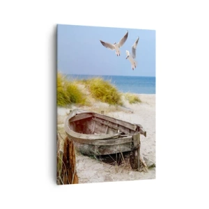 Quadro su tela - Stampe su Tela - Barca abbandonata su una spiaggia con gabbiani - 70x100cm - Bagnate dal vento - Decorazione murale moderna per soggiorno e camera da letto ARTTOR