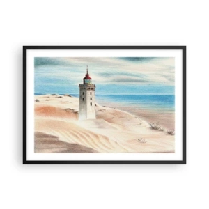 Poster in cornice nera - Un faro circondato da dune di sabbia e un cielo azzurro - 70x50cm - Sempre guardando il mare - Decorazione murale moderna per soggiorno e camera da letto ARTTOR
