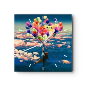 Orologio da parete - Orologio in Vetro - Una figura che fluttua sopra le nuvole con palloncini colorati - 30x30cm - Il sogno dell'infanzia realizzato - Decorazione murale moderna per soggiorno e camera da letto ARTTOR