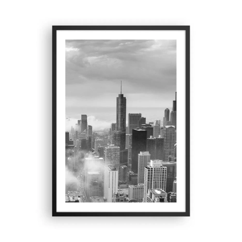 Poster in cornice nera - Vista in bianco e nero dello skyline della città con grattacieli tra le nuvole - 50x70cm - Paesaggio americano - Decorazione murale moderna per soggiorno e camera da letto ARTTOR