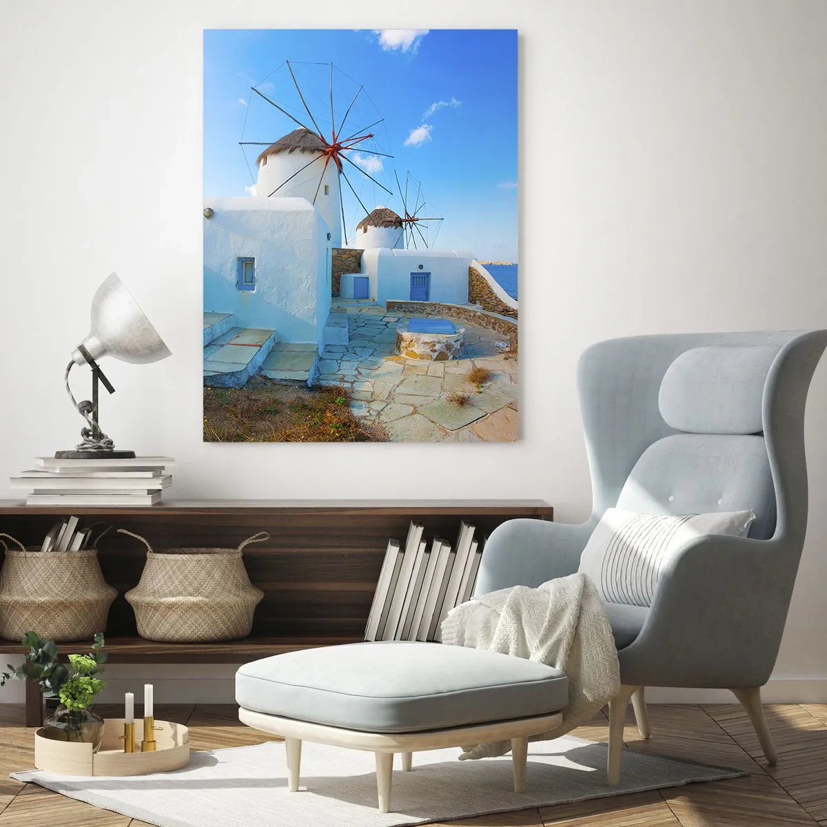 Quadro su vetro - Mulini a vento sulla costa dell'Egeo - 50x70cm - Vento azzurro sul mare - Decorazione murale moderna per soggiorno e camera da letto ARTTOR