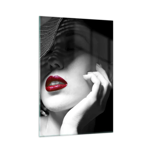 Quadro su vetro - Ritratto in bianco e nero di una donna con le labbra rosse - 80x120cm - Studio in scarlatto - Decorazione murale moderna per soggiorno e camera da letto ARTTOR