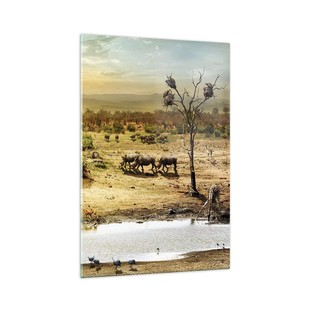 Quadro su vetro - Elefanti e animali selvatici in una pozza d'acqua al tramonto - 70x100cm - "Un fiume usciva da Eden…" - Decorazione murale moderna per soggiorno e camera da letto ARTTOR