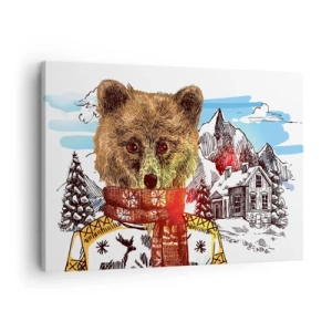 Quadro su tela - Stampe su Tela - Un orso con un maglione e una sciarpa con una casa di montagna sullo sfondo - 70x50cm - La capanna dell'orso - Decorazione murale moderna per soggiorno e camera da letto ARTTOR