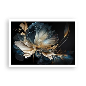 Poster - Un fiore nei toni dell'oro e del blu navy su uno sfondo nero - 100x70cm - Fantastico fiore di felce - Decorazione murale moderna per soggiorno e camera da letto ARTTOR