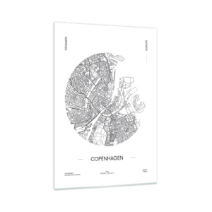 Quadro su vetro - Una mappa di Copenaghen in stile minimalista in bianco e nero. - 70x100cm - Anatomia di Copenaghen - Decorazione murale moderna per soggiorno e camera da letto ARTTOR