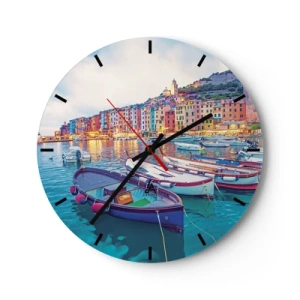 Orologio da parete - Orologio in Vetro - Colorato porto sul mare con barche al tramonto - 30x30cm - Sera colorata nel porto - Decorazione murale moderna per soggiorno, cucina e camera da letto ARTTOR