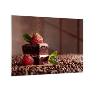 Quadro su vetro - Dessert al cioccolato con lamponi e foglie di menta - 70x50cm - La vita è dolce - Decorazione murale moderna per soggiorno e camera da letto ARTTOR