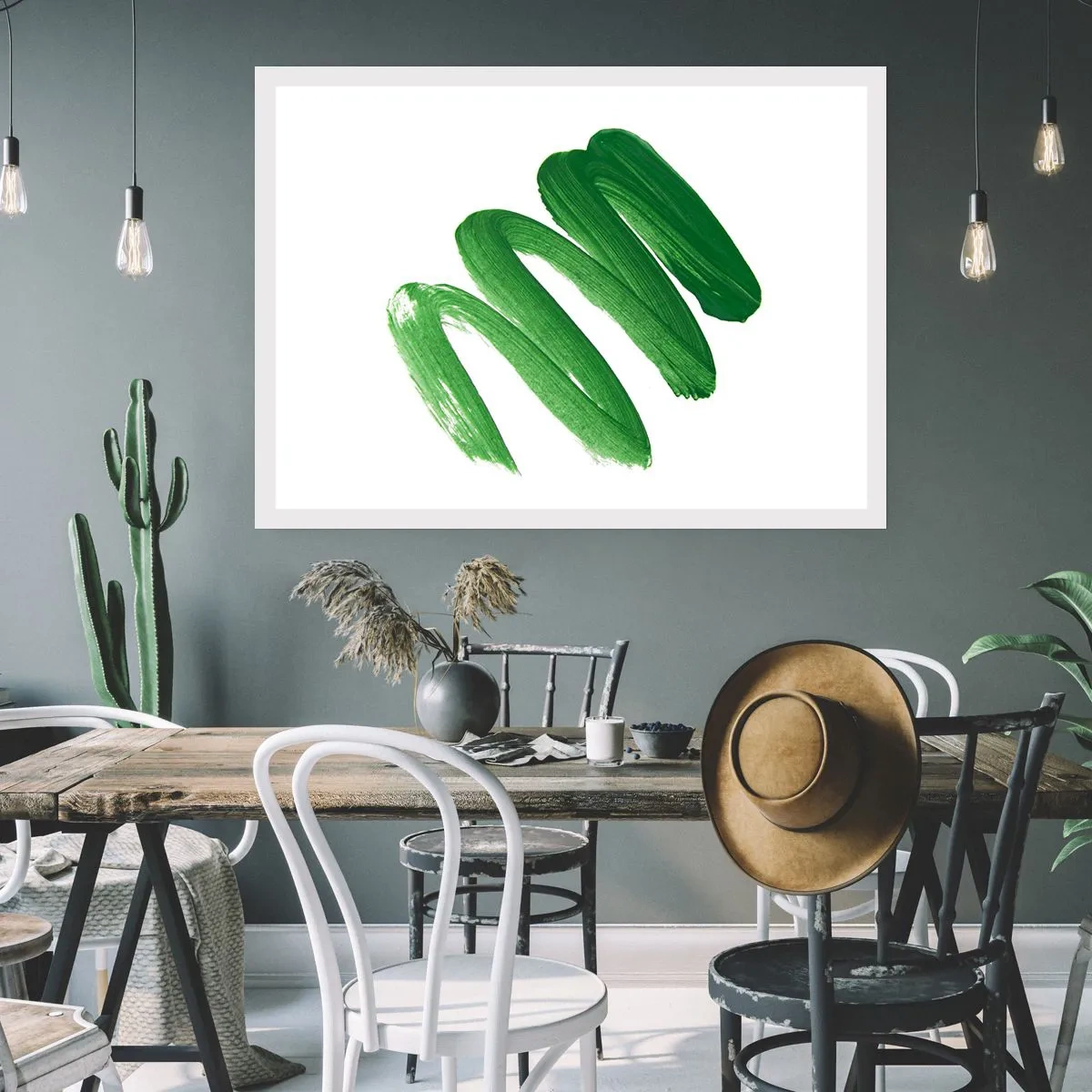 Poster - Pennellata astratta verde su sfondo bianco - 100x70cm - Scherzo verde - Decorazione murale moderna per soggiorno e camera da letto ARTTOR