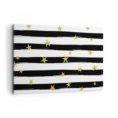 Quadro su tela - Stampe su Tela - Strisce bianche e nere con stelle dorate - 120x80cm - Siamo tutti nati sotto una buona stella - Decorazione murale moderna per soggiorno e camera da letto ARTTOR