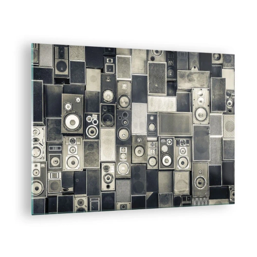 Quadro su vetro - Una composizione di altoparlanti retrò in tonalità di grigio - 70x50cm - Armonia di suoni - Decorazione murale moderna per soggiorno e camera da letto ARTTOR