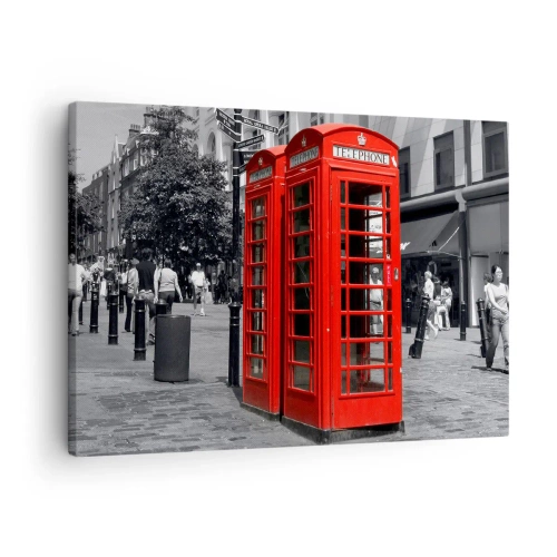 Quadro su tela - Stampe su Tela - Cabine telefoniche rosse su uno sfondo urbano bianco e nero. - 70x50cm - Cabine telefoniche rosse - Decorazione murale moderna per soggiorno e camera da letto ARTTOR