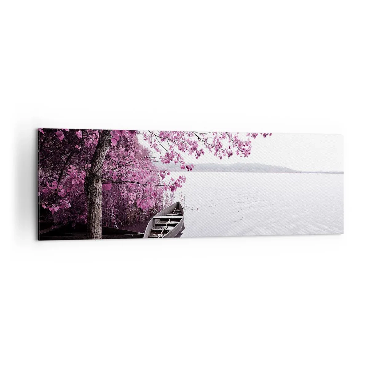 Quadro su tela - Stampe su Tela - Una barca sulla riva di un lago tra alberi rosa - 160x50cm - Nel silenzio rosa - Decorazione murale moderna per soggiorno e camera da letto ARTTOR