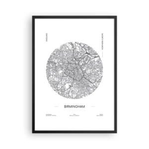 Poster in cornice nera - Una mappa minimalista in bianco e nero di Birmingham - 50x70cm - Anatomia di Birmingham - Decorazione murale moderna per soggiorno e camera da letto ARTTOR