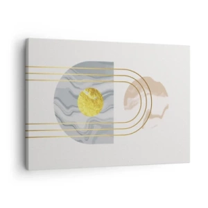 Quadro su tela - Stampe su Tela - Composizione astratta con cerchi e linee dorate su uno sfondo chiaro. - 70x50cm - Chiarezza e lucentezza - Decorazione murale moderna per soggiorno e camera da letto ARTTOR