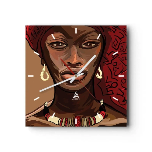 Orologio da parete - Orologio in Vetro - Ritratto di una donna con un turbante rosso su sfondo beige - 30x30cm - Venere di ebano - Decorazione murale moderna per soggiorno e camera da letto ARTTOR