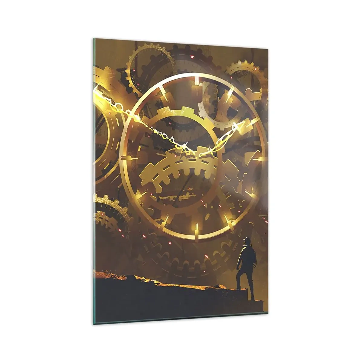 Quadro su vetro - Ingranaggi dorati in un ambiente surreale con una figura - 80x120cm - Alla fonte del tempo - Decorazione murale moderna per soggiorno e camera da letto ARTTOR