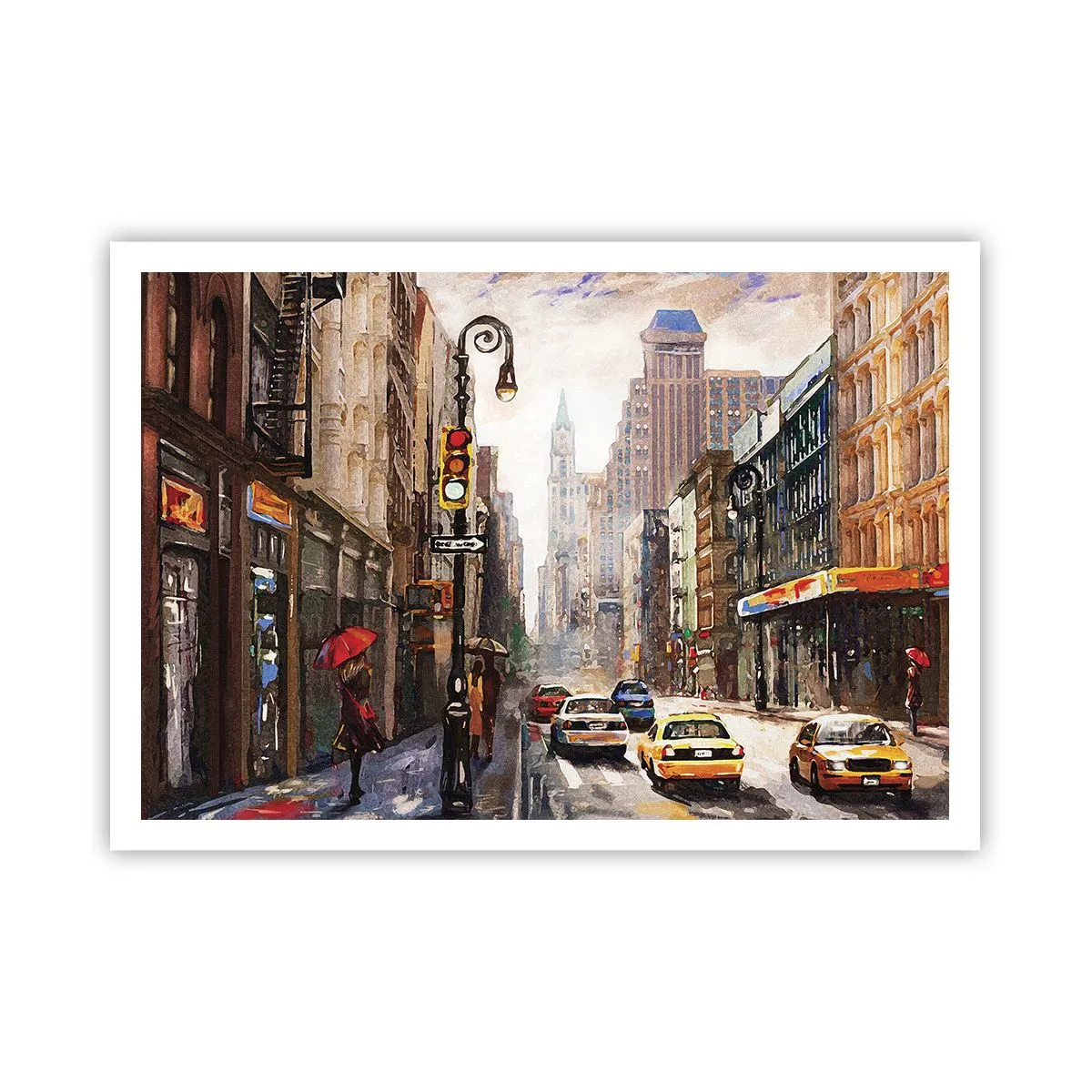 Poster - Paesaggio urbano con una strada e taxi gialli - 100x70cm - New York: colorata anche sotto la pioggia - Decorazione murale moderna per soggiorno e camera da letto ARTTOR