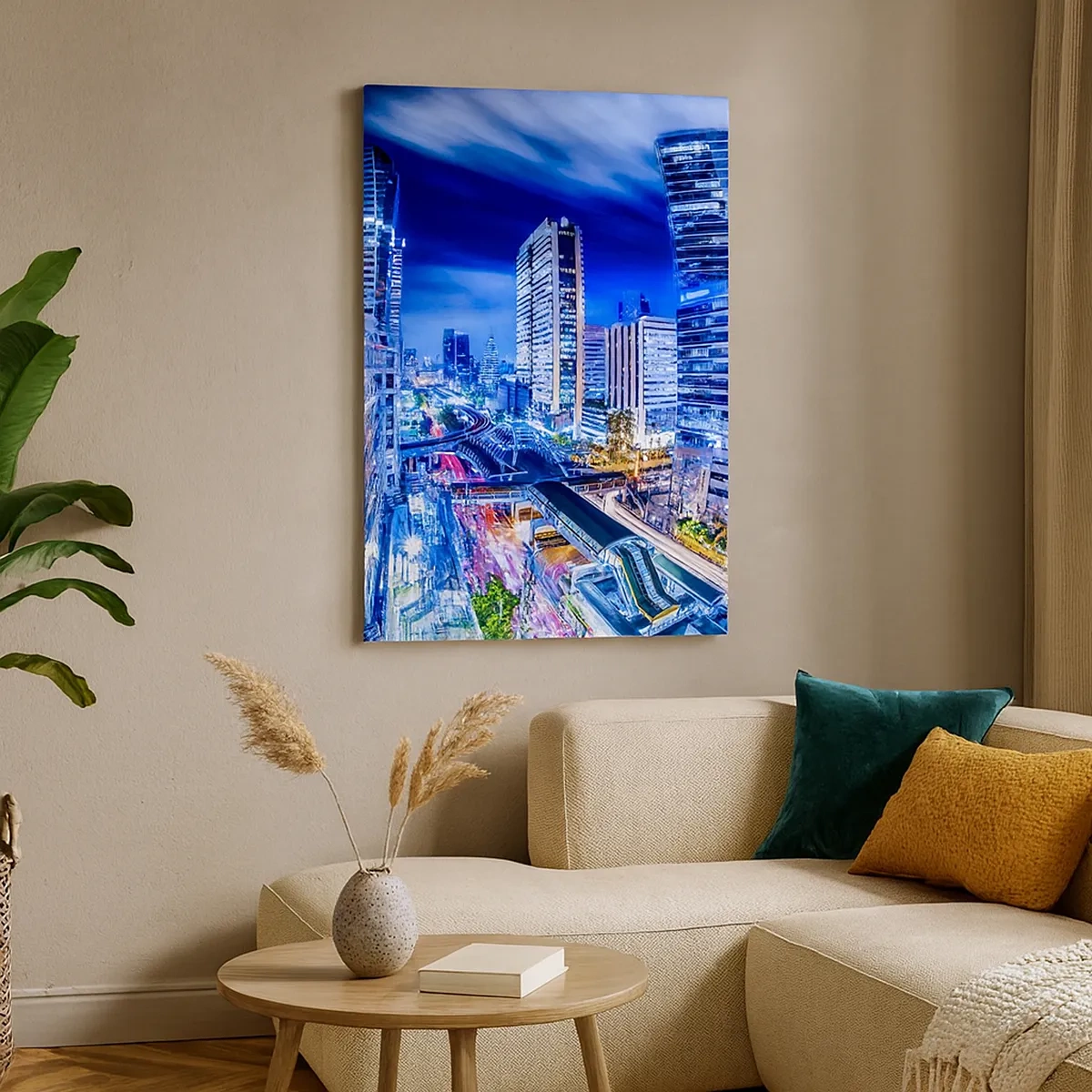 Quadro su tela - Stampe su Tela - Panorama notturno della città con grattacieli e lampioni - 50x70cm - Il ritmo notturno della città - Decorazione murale moderna per soggiorno e camera da letto ARTTOR