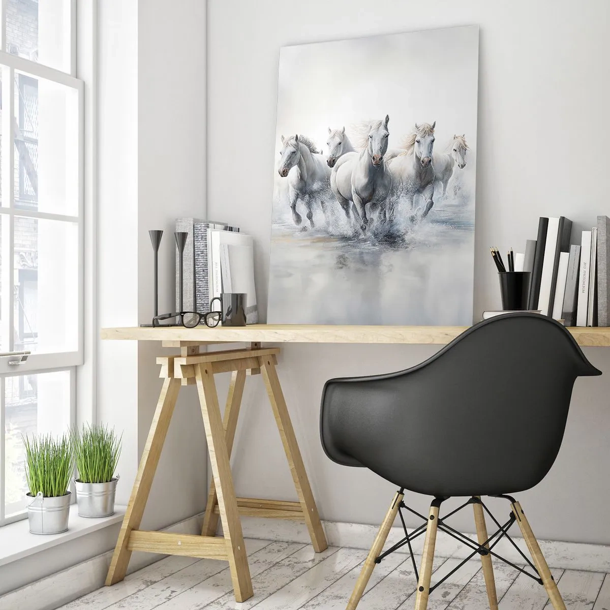 Quadro su vetro - Cavalli bianchi che galoppano nell'acqua - 80x120cm - Magia bianca - Decorazione murale moderna per soggiorno e camera da letto ARTTOR