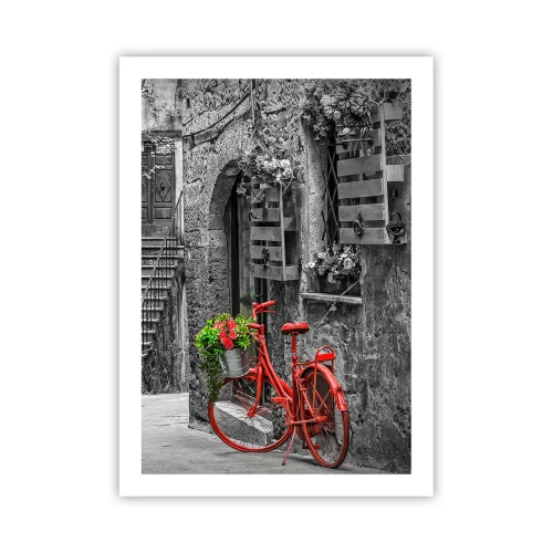 Poster - Una bicicletta rossa con fiori in una strada stretta - 50x70cm - Angolo toscano - Decorazione murale moderna per soggiorno e camera da letto ARTTOR