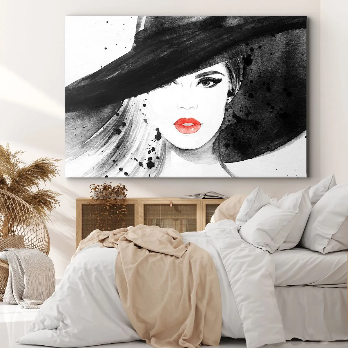 Quadro su tela - Stampe su Tela - Ritratto di una donna con un cappello e labbra rosse - 70x50cm - Donna in nero - Decorazione murale moderna per soggiorno e camera da letto ARTTOR