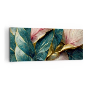 Quadro su tela - Stampe su Tela - Eleganti foglie in verde, oro e rosa - 120x50cm - Stile ed eleganza naturali - Decorazione murale moderna per soggiorno e camera da letto ARTTOR