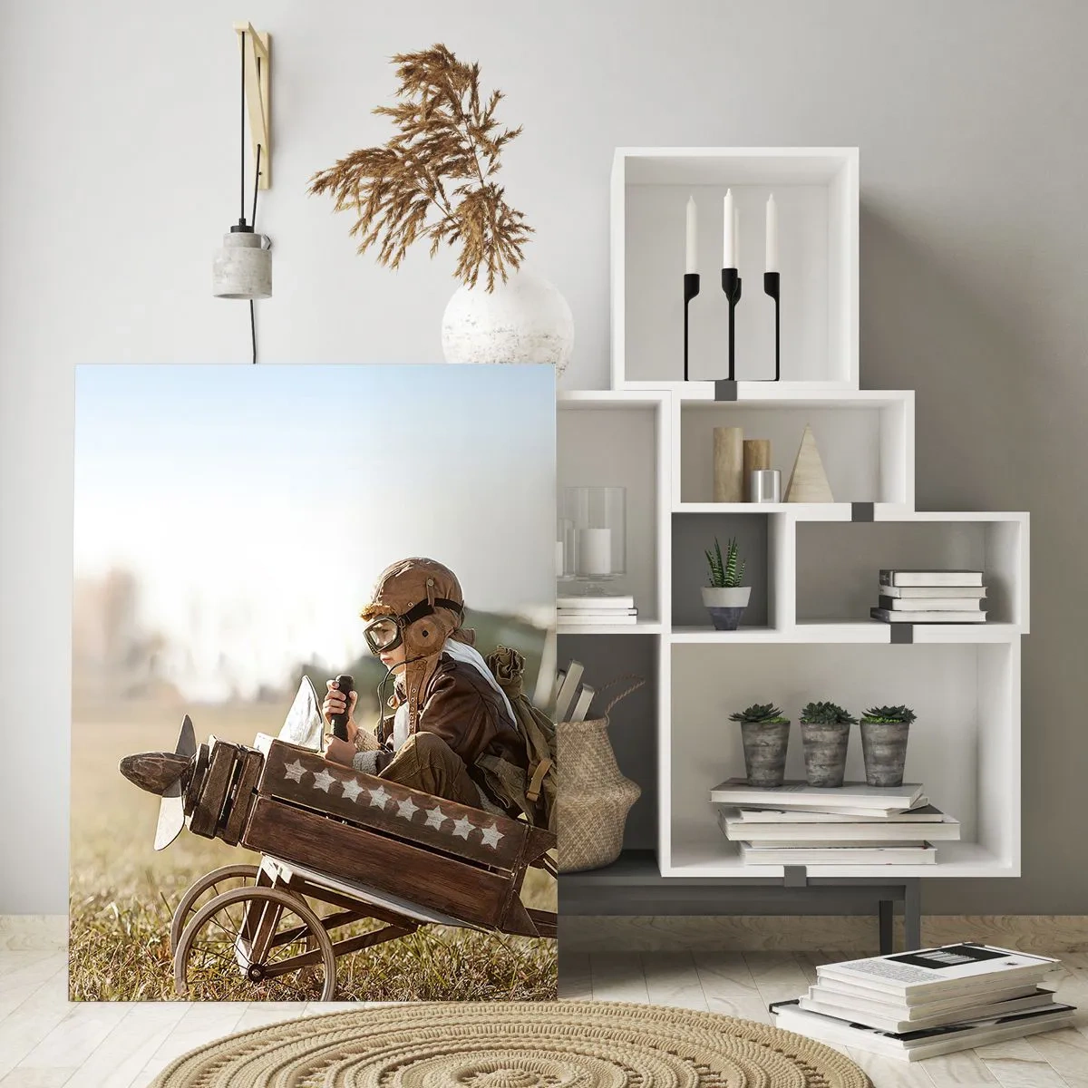 Quadro su vetro - Un bambino su un aeroplanino giocattolo con un campo sullo sfondo - 70x100cm - Decollo verso i sogni - Decorazione murale moderna per soggiorno e camera da letto ARTTOR