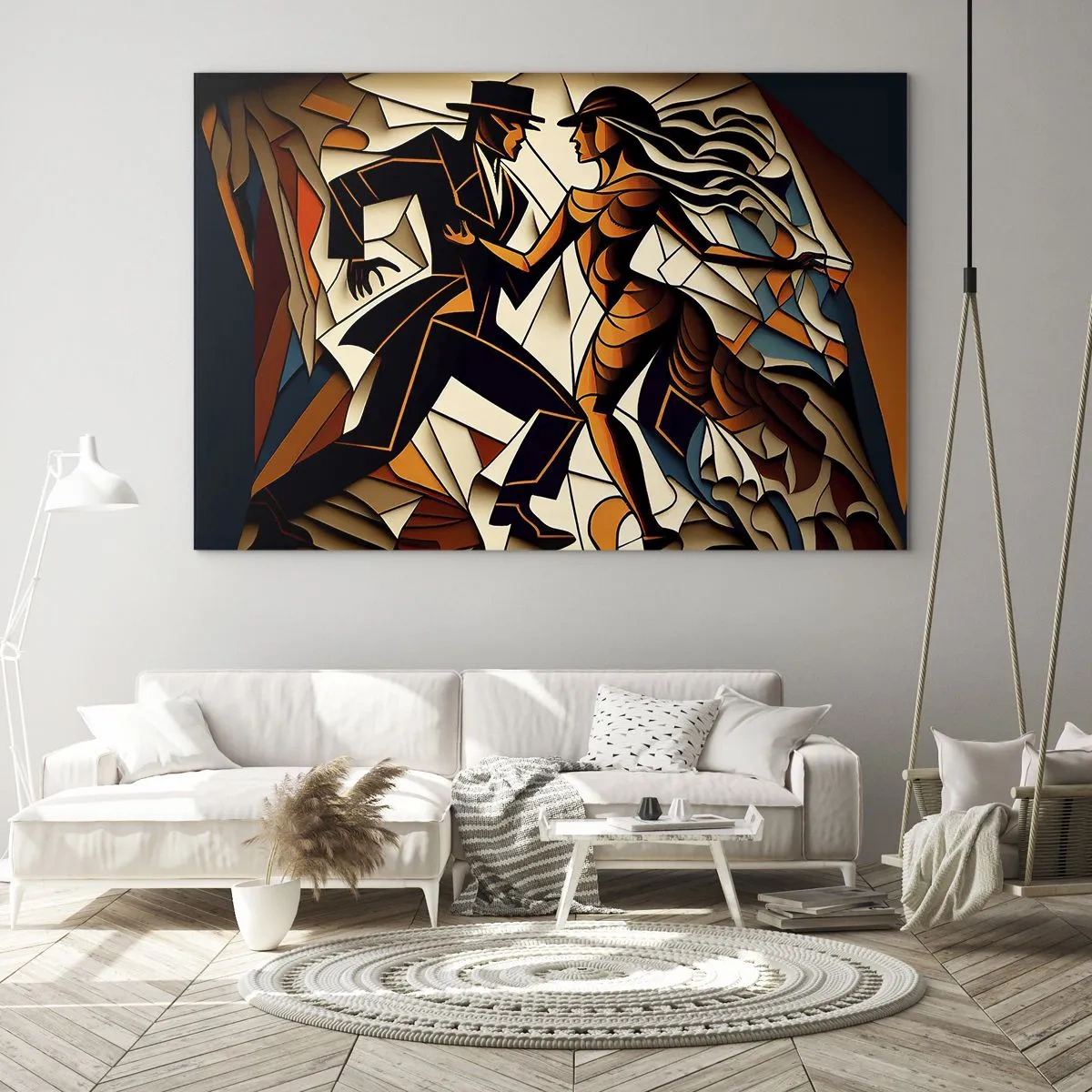 Quadro su vetro - Una coppia stilizzata che danza in una forma astratta dinamica. - 70x50cm - La danza della passione - Decorazione murale moderna per soggiorno e camera da letto ARTTOR