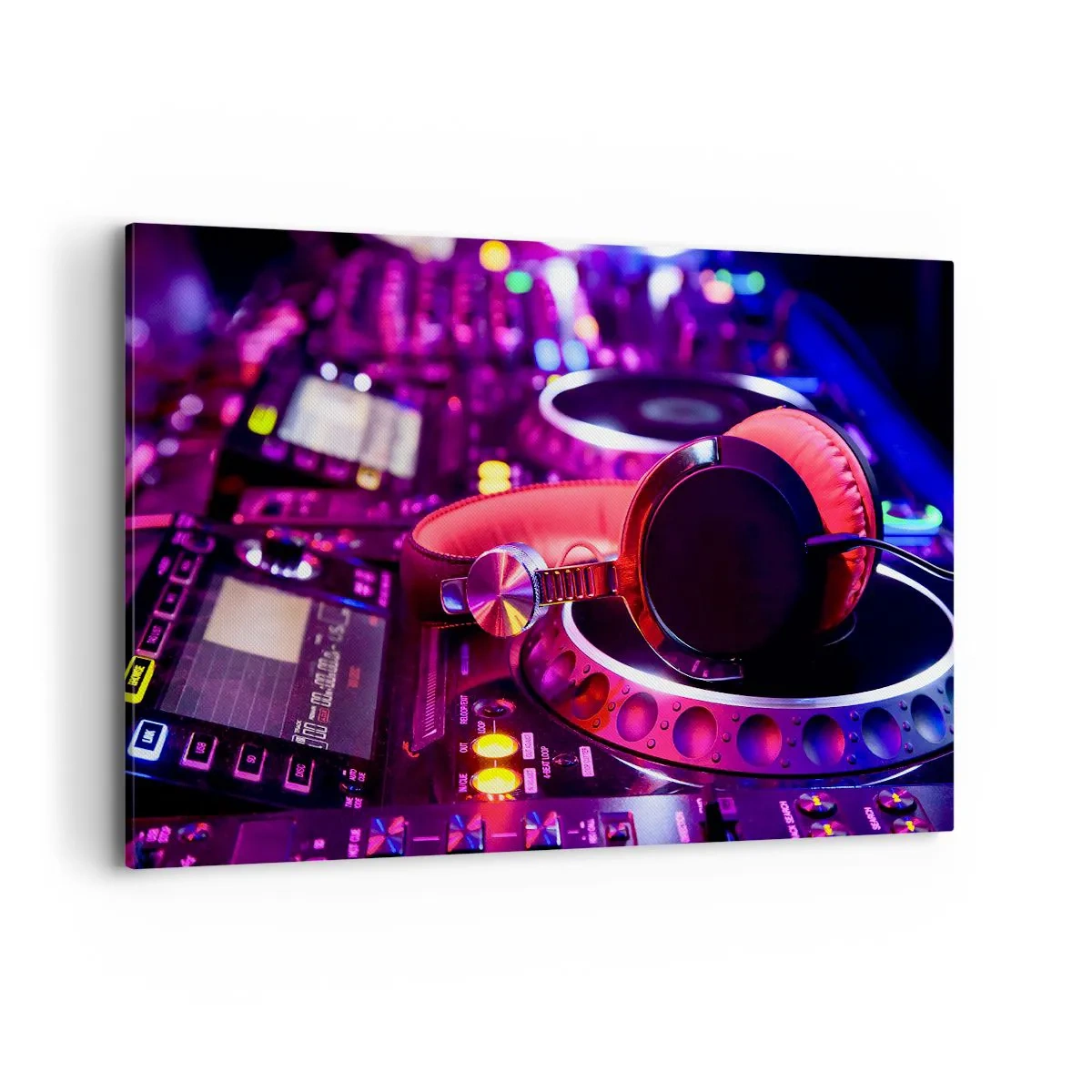 Quadro su tela - Stampe su Tela - Cuffie da DJ su una console con illuminazione al neon - 120x80cm - Prima che inizi la festa - Decorazione murale moderna per soggiorno e camera da letto ARTTOR